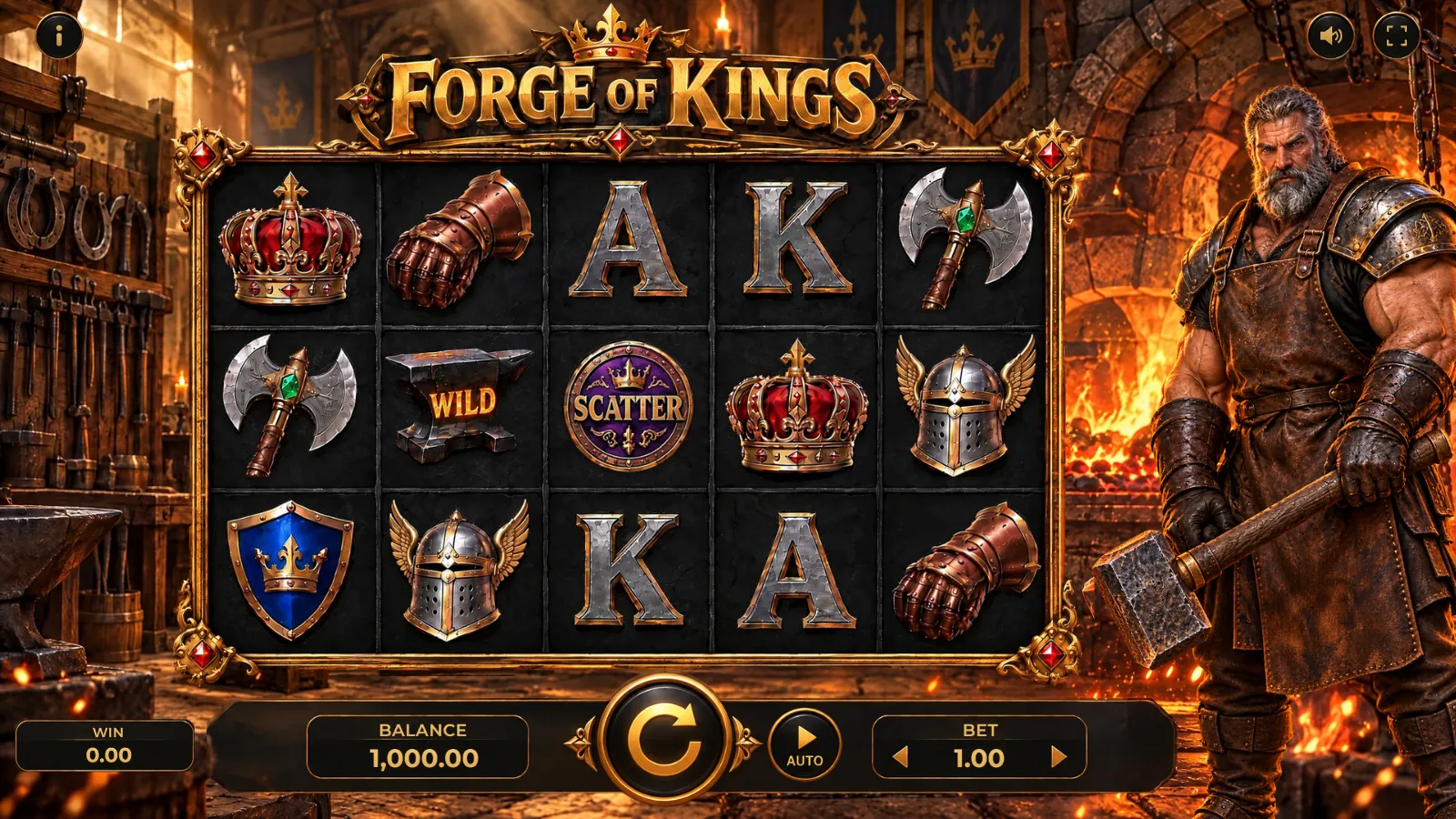 Forge of Kings base game: a 5 by 3 reel grid of crowns, axes, helmets and card symbols in a blacksmith's forge, with the blacksmith standing beside the reels